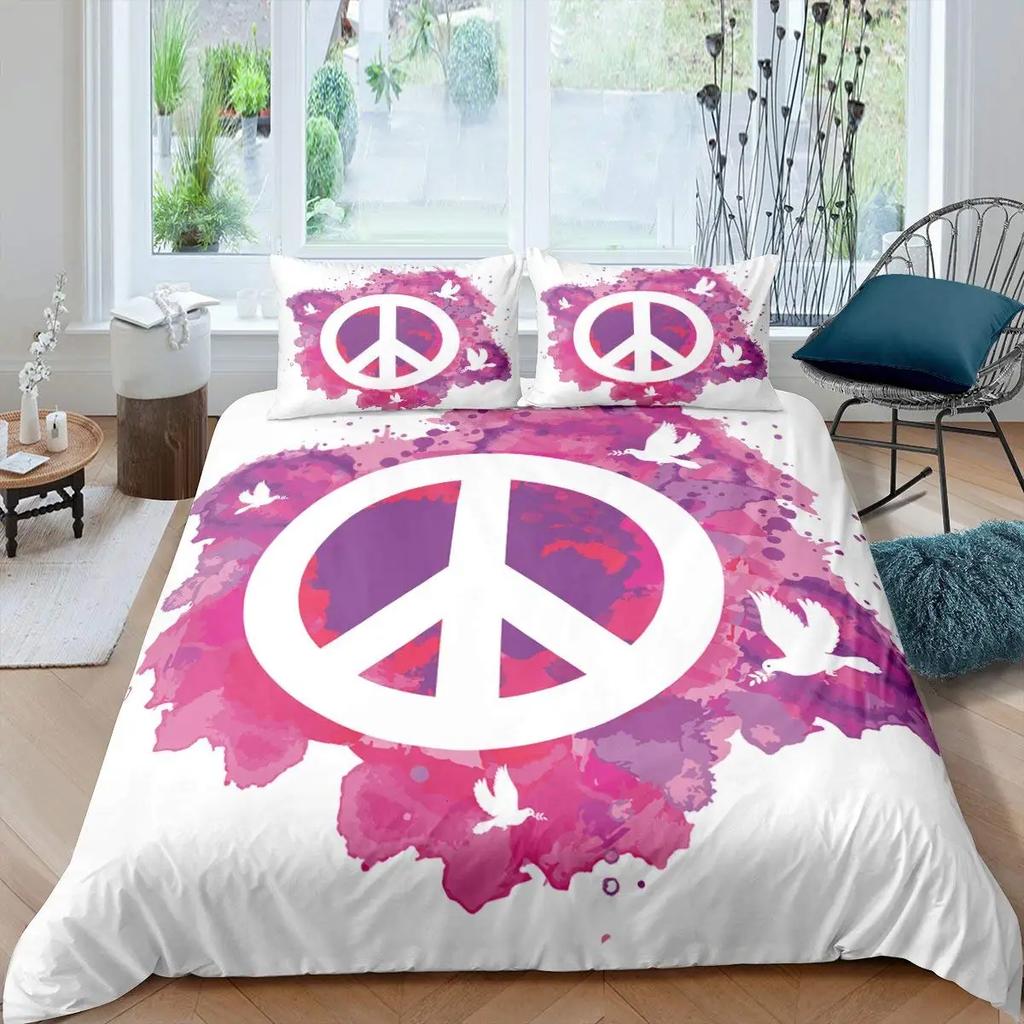 Boho Hippie Psychedelic Flowers Duvet Cover Colorful Peace Sign Bedding for Boys Girls Women Bedroom Decorative Rainbow Tie Dye