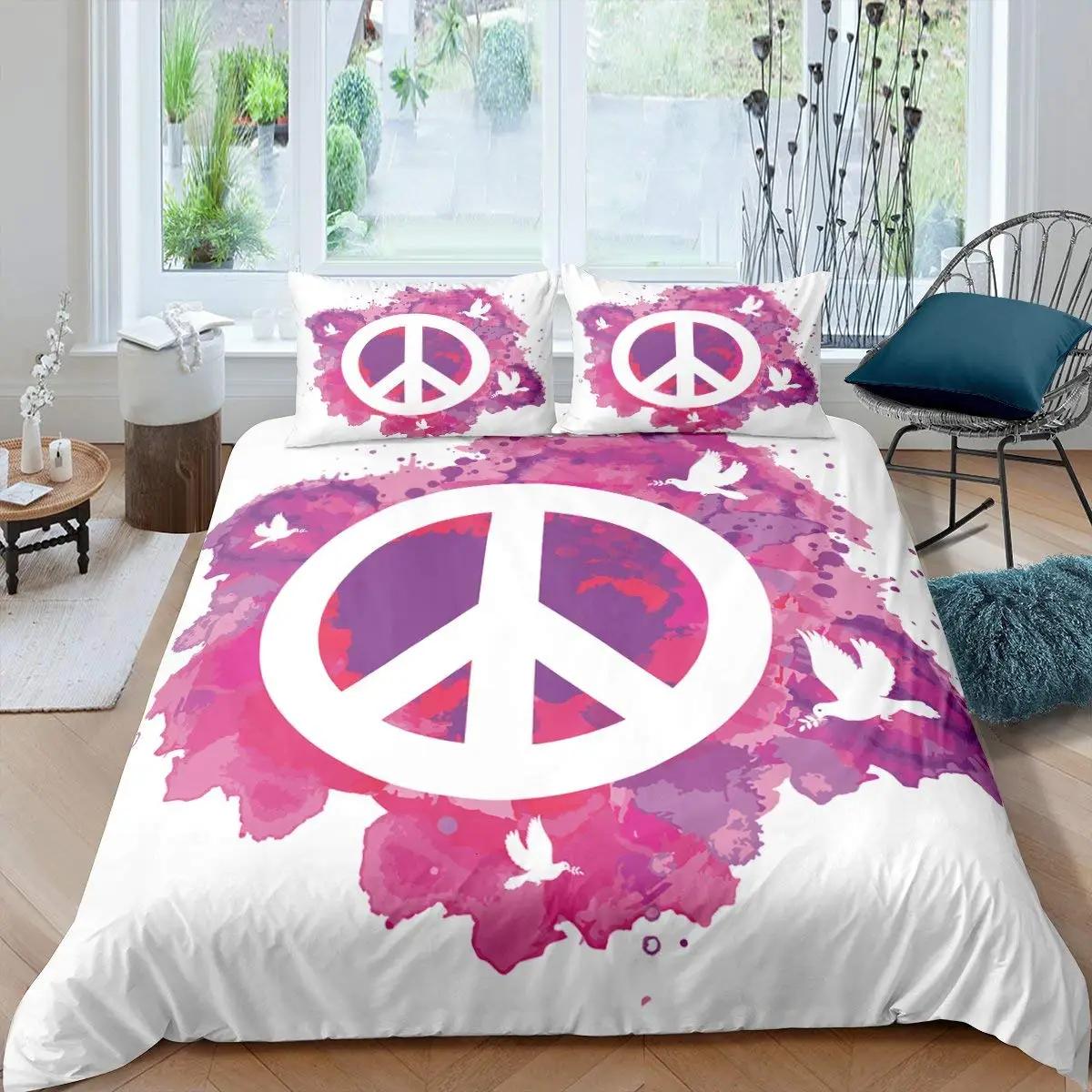

Comforter Boho Hippie Psychedelic Flowers Colorful Peace Sign Bedding For Boys Girls Women Bedroom Decorative Rainbow Tie Dye Comforter (quilt)-EU Single(135*200cm)3pcs