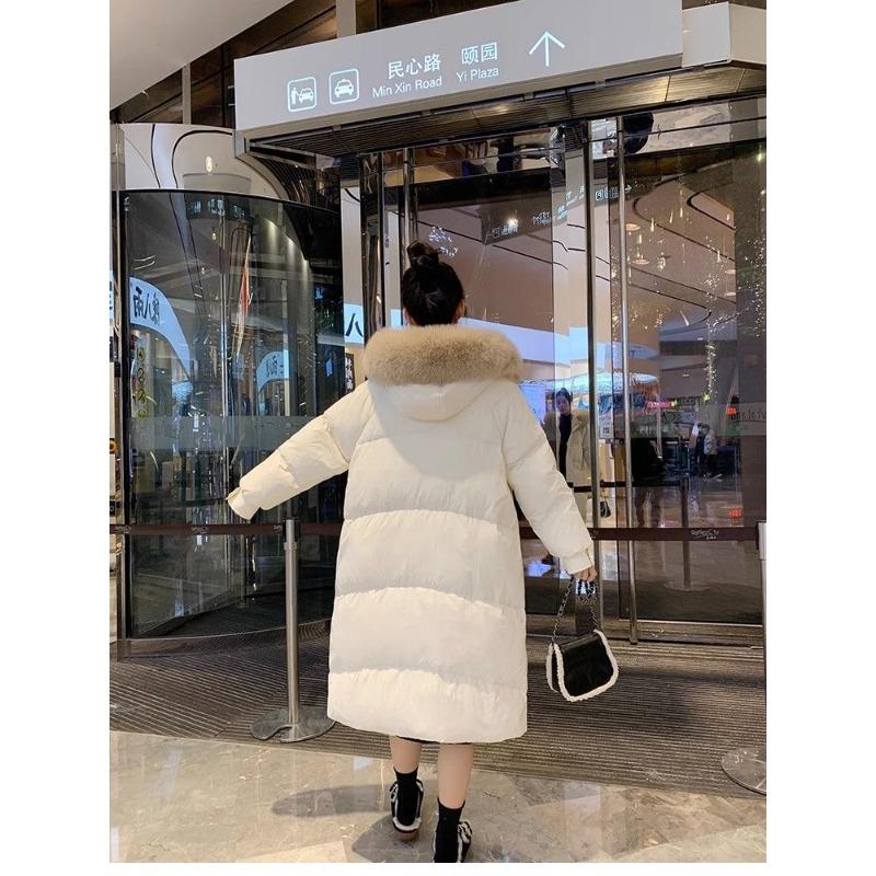 Long Over-the-knee Hooded Down Cotton Coat for Women Winter Big Fur Collar Thick Cotton Coat Trend Parkas Jackets