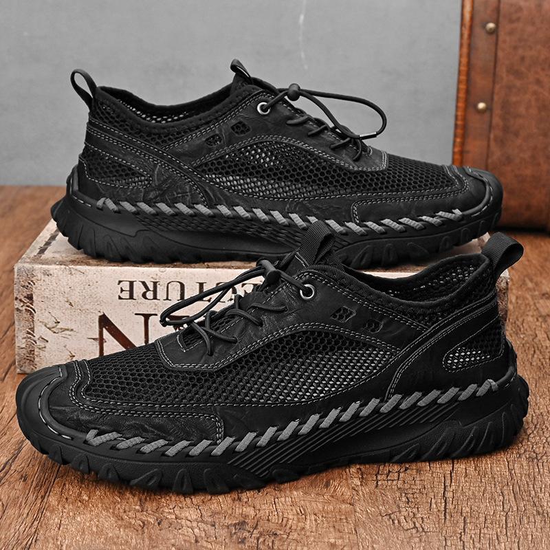 

2025 лето мужские сетчатые туфли сетчатые повседневные классические независимая станция уличные кожаные туфли ручной работы с сумкой на носке мужские туфли 46 чёрный