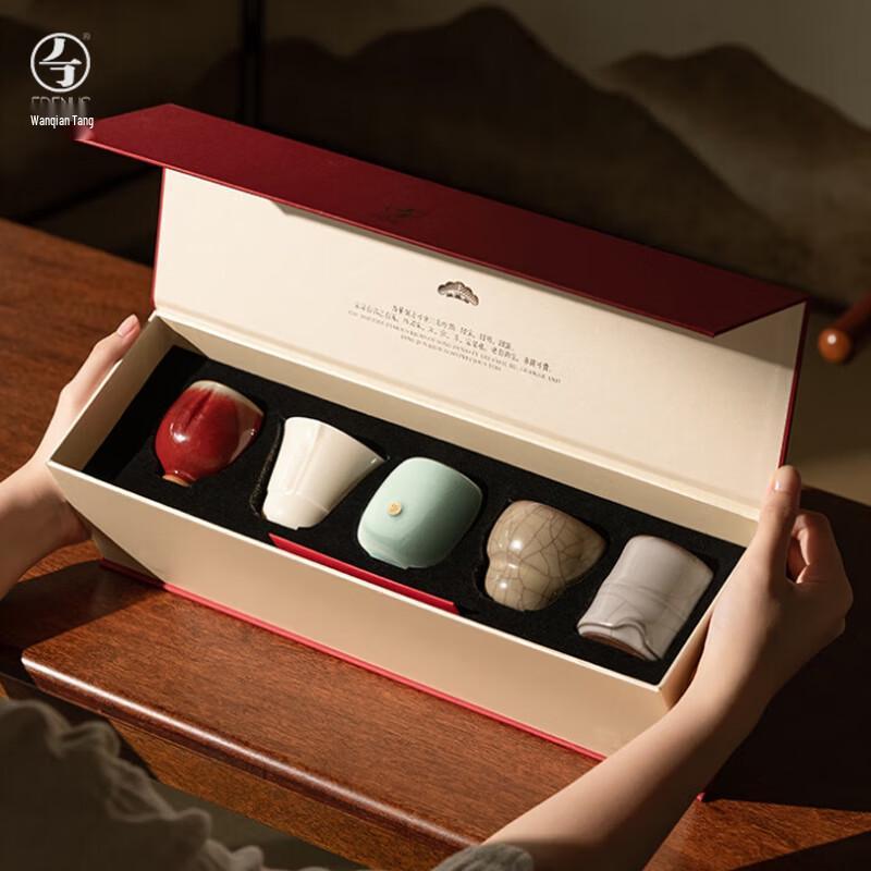 Wanquiantang Ru Kiln Ceramic Master Tea Cup Set (5 Cups, Gift Box)