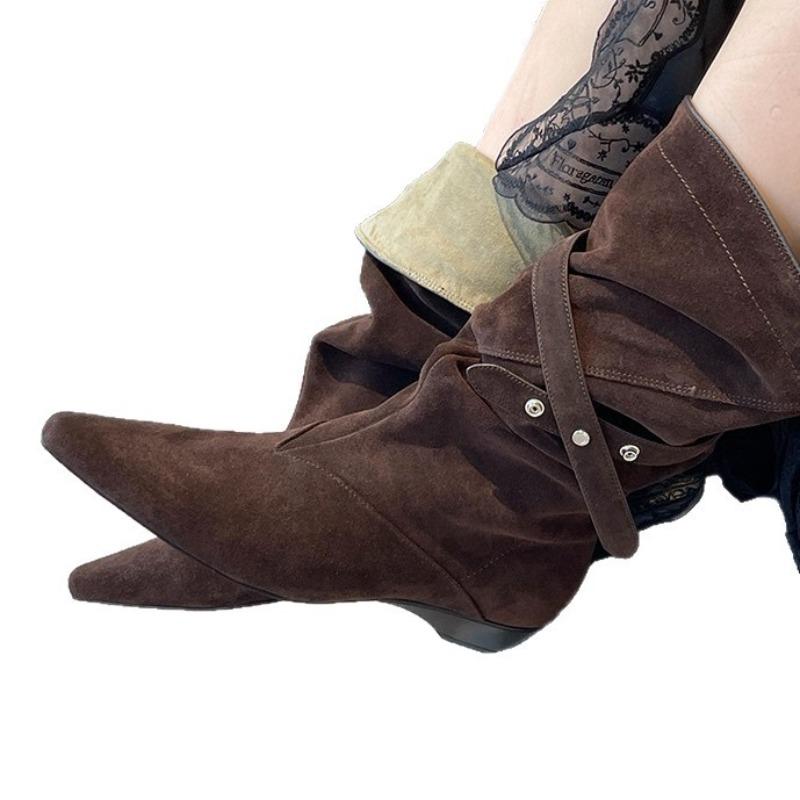 Rindslederversion~ Stiefel mit breitem Schaft zum Stapeln Stiefel mit mittelhohem Schaft Nischendesign Wind spitze Zehen Schnallengürtel Western-Cowboystiefel Damen