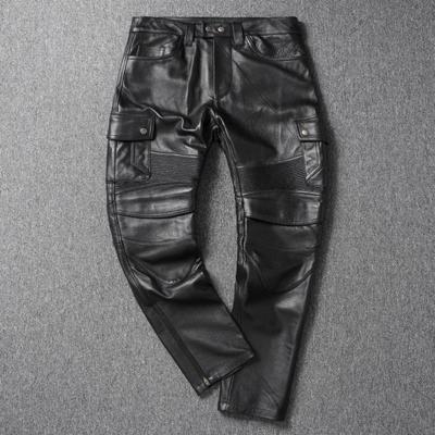 Pantaloni in vera pelle di vacchetta nera vintage da uomo, pantaloni da motociclista in pelle, pantaloni in pelle da uomo autunno inverno