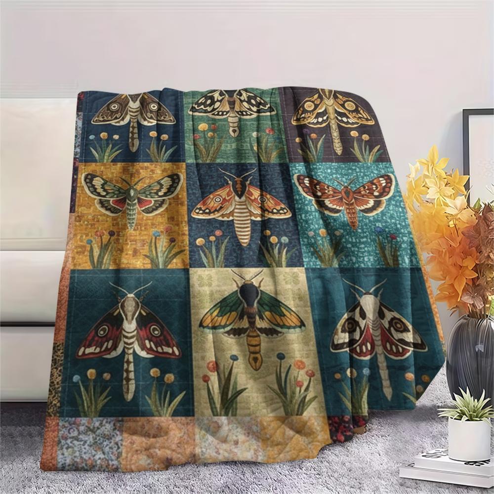 1Pc Patchwork Insect Print Flannel Blanket, High quality Comfortable for All Seasons, Home Decor, Warmth and Comfort, Perfect for Christmas Gifts67