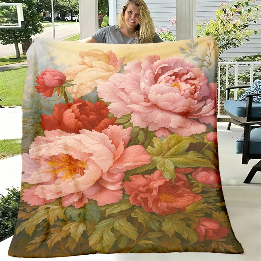 1pc Glamorous And Beautiful Peony Floral Fleece Blanket, Showcasing Natural Floral Art, Suitable for Home Decoration And Daily Use, Warm And Soft to A