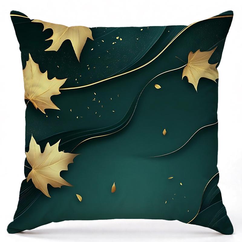 Green Leaf Patterned Cushions With Gold Accents Square Polyester Pillowcase, Modern Sofa Decorative Cushion Cover