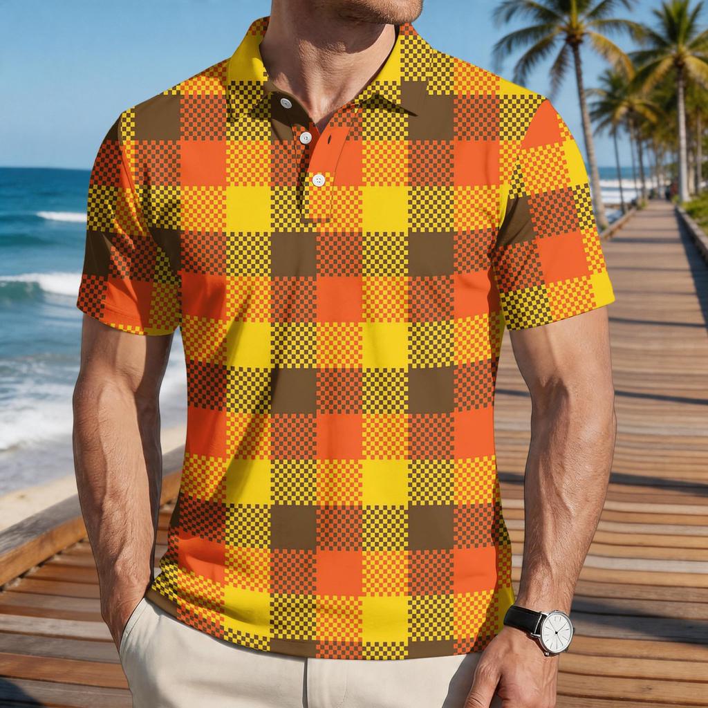 Men’s Loose Fit Casual Plaid Print Short Sleeve Polo Shirt with Turn Down Collar for Everyday Wear