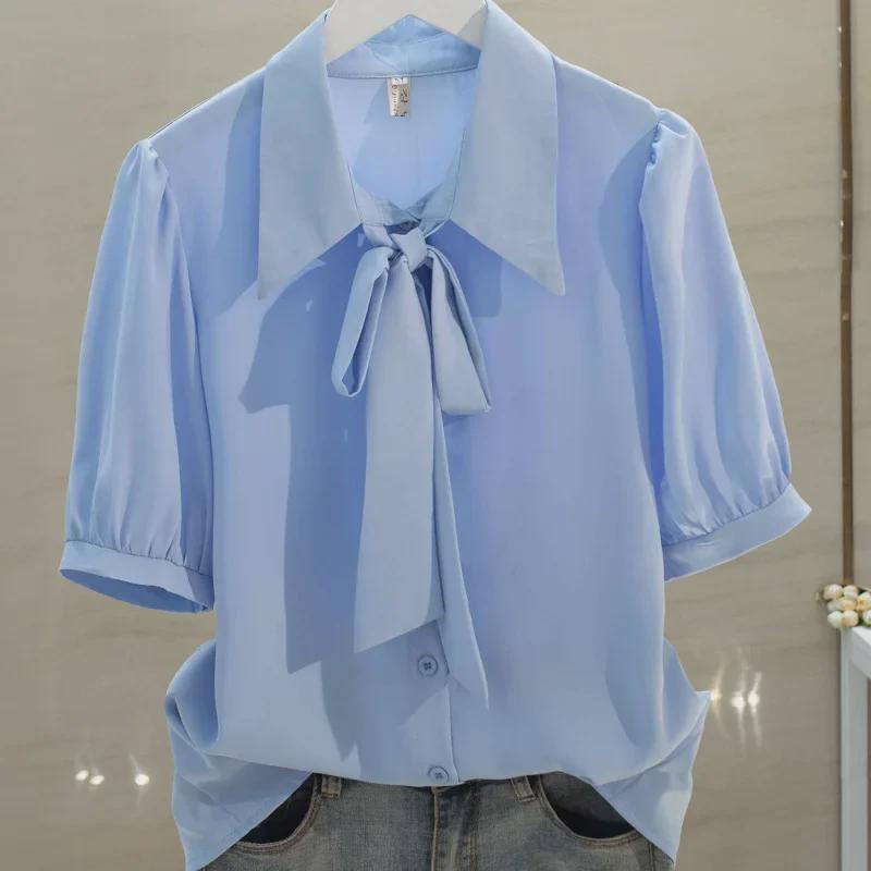 Women's White Chiffon Bow Tie Shirt - Summer Short-Sleeved Professional Top