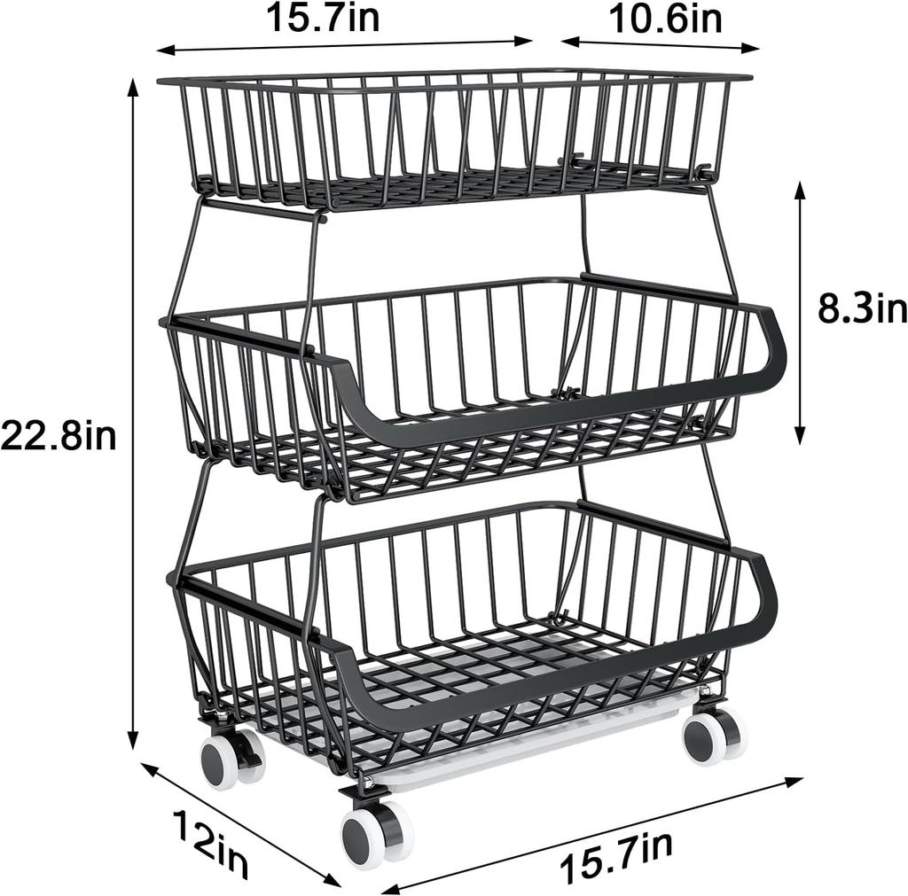 3Tier Rolling Pantry Floor Organizer,Stackable Pantry Storage Cart with Wheels, Metal Wire Pantry Baskets, Kitchen Fruit Basket Stand, Vegetable