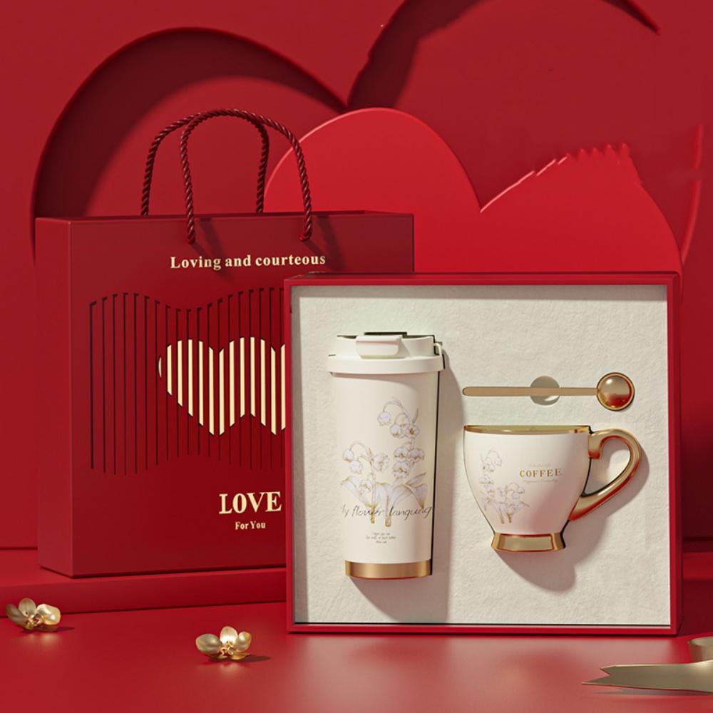 Lyxig Keramisk Kaffe Rese Termosmugg 530ML Och Mug 280ML Set med Presentförpackning - Bröllopspresent Dryckeservice Set