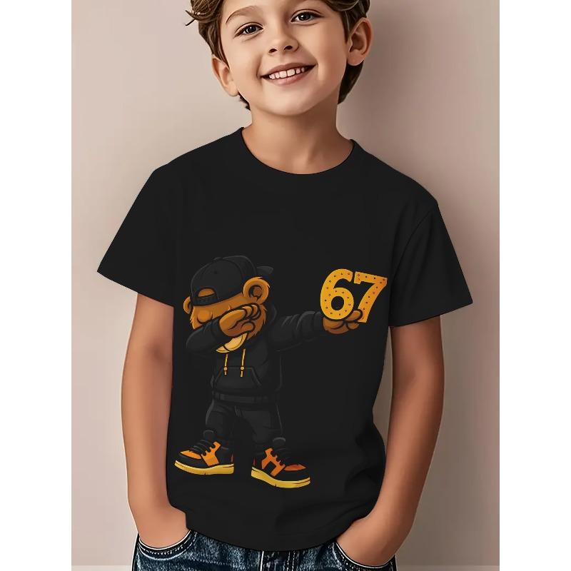 Boys Crew Neck Short Sleeve T-Shirt with Cartoon Bear Holding Number 67 Print