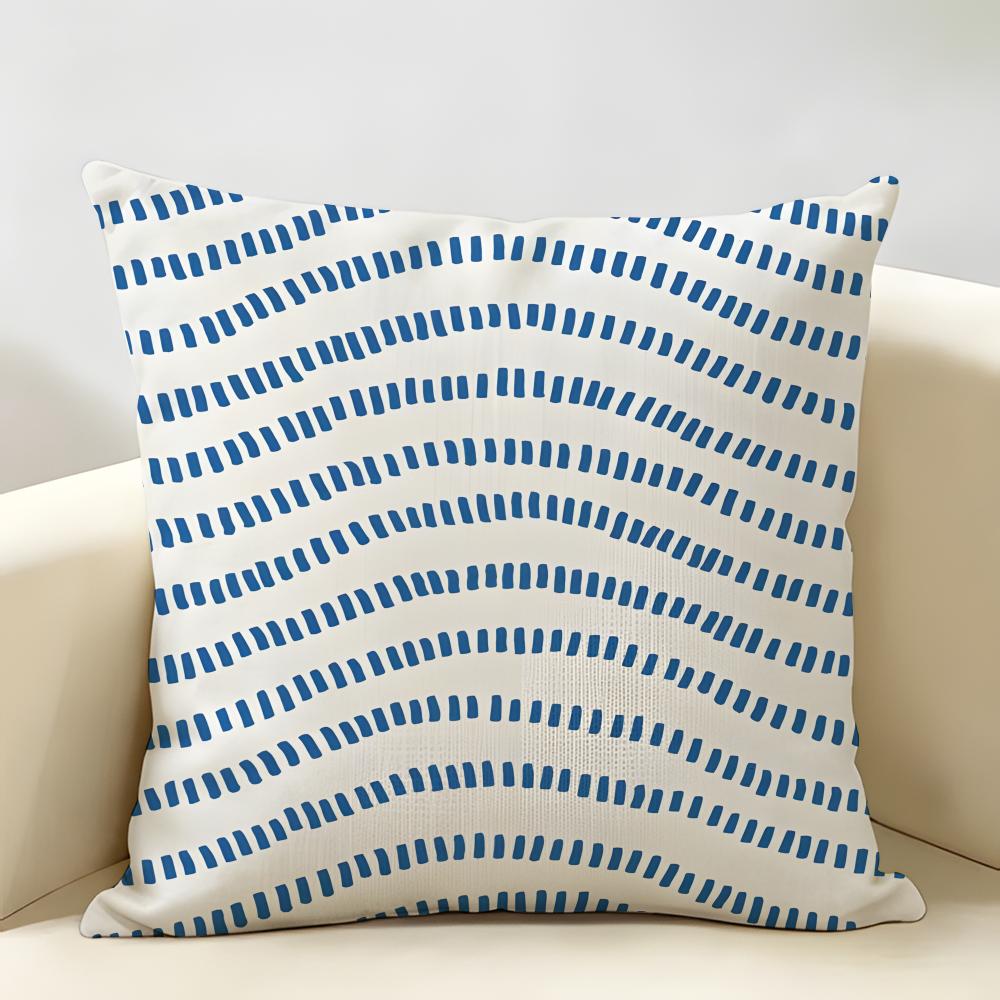Nordic Style Geometric Blue Pattern Cushion Cover Natural Linen Organic Fabric Printing Breathable Perfect For Home Decor