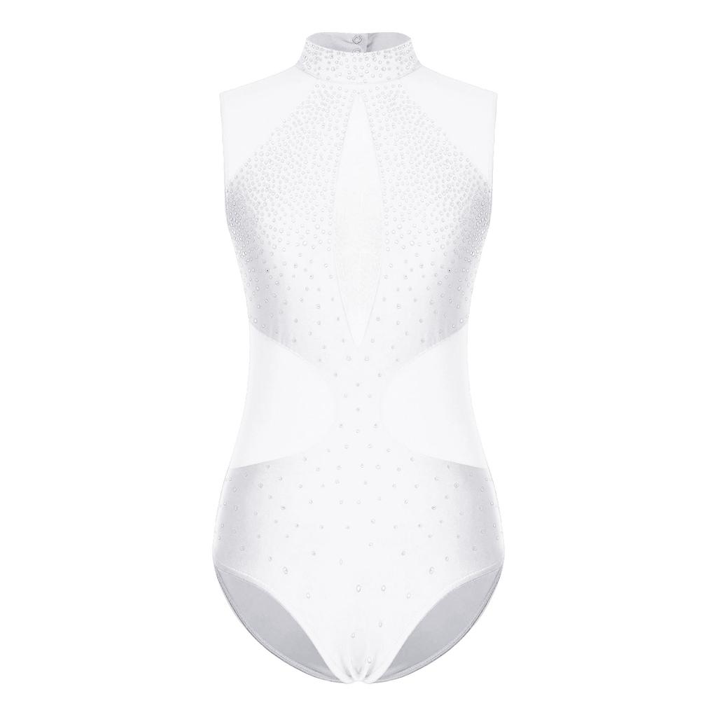 Costum de patinaj artistic pentru femei, strălucitor, cu strasuri, plas transparent, patchwork, fără mâneci, decupaj pe spate