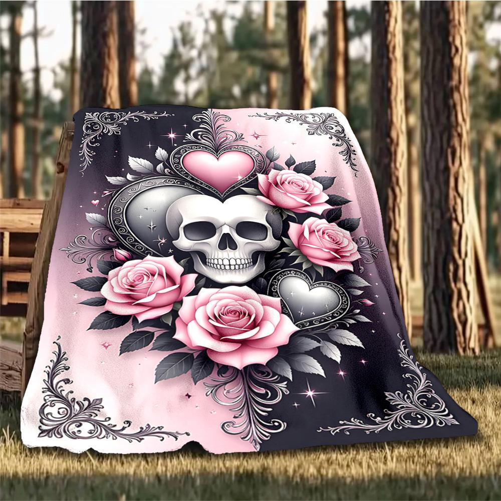 1pc Skull Roses Heart Decorative Outdoor Flannel Blanket , Machine Washable Perfect Gift for Birthday , Holiday Travel Accessory , Durable Material