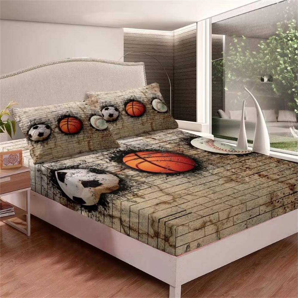 Youth Soccer Fitted Sheet Crack Wall Sheet Set for Kids Teens Boys Young Man Football Bedding Set Team Sports Games Bed Cover