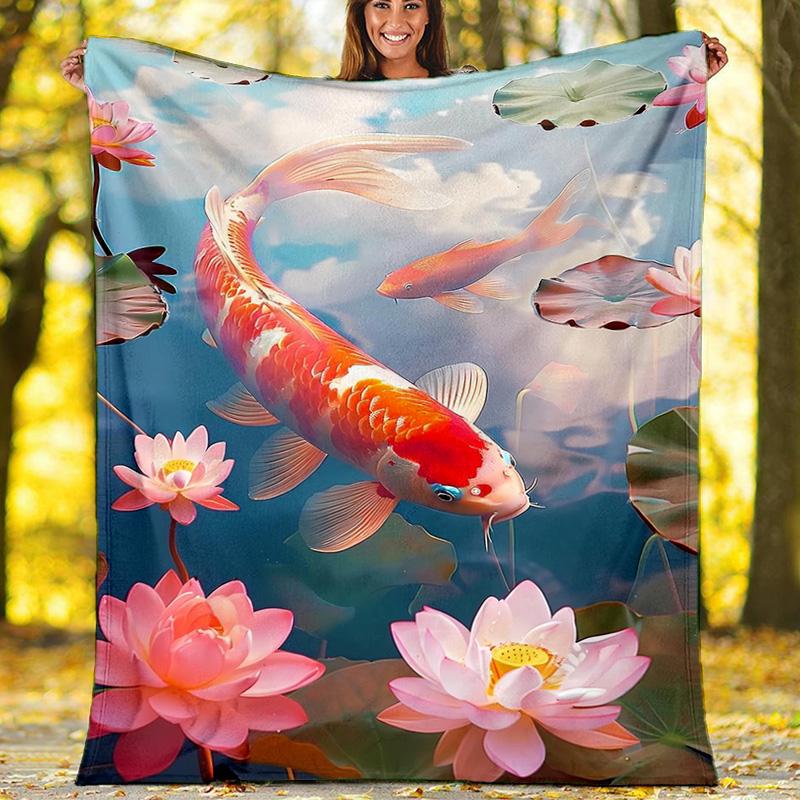 Флисовое одеяло с изображением карпов кои и лотосов, Плед с изображением счастливых карпов 80cm x 120cm