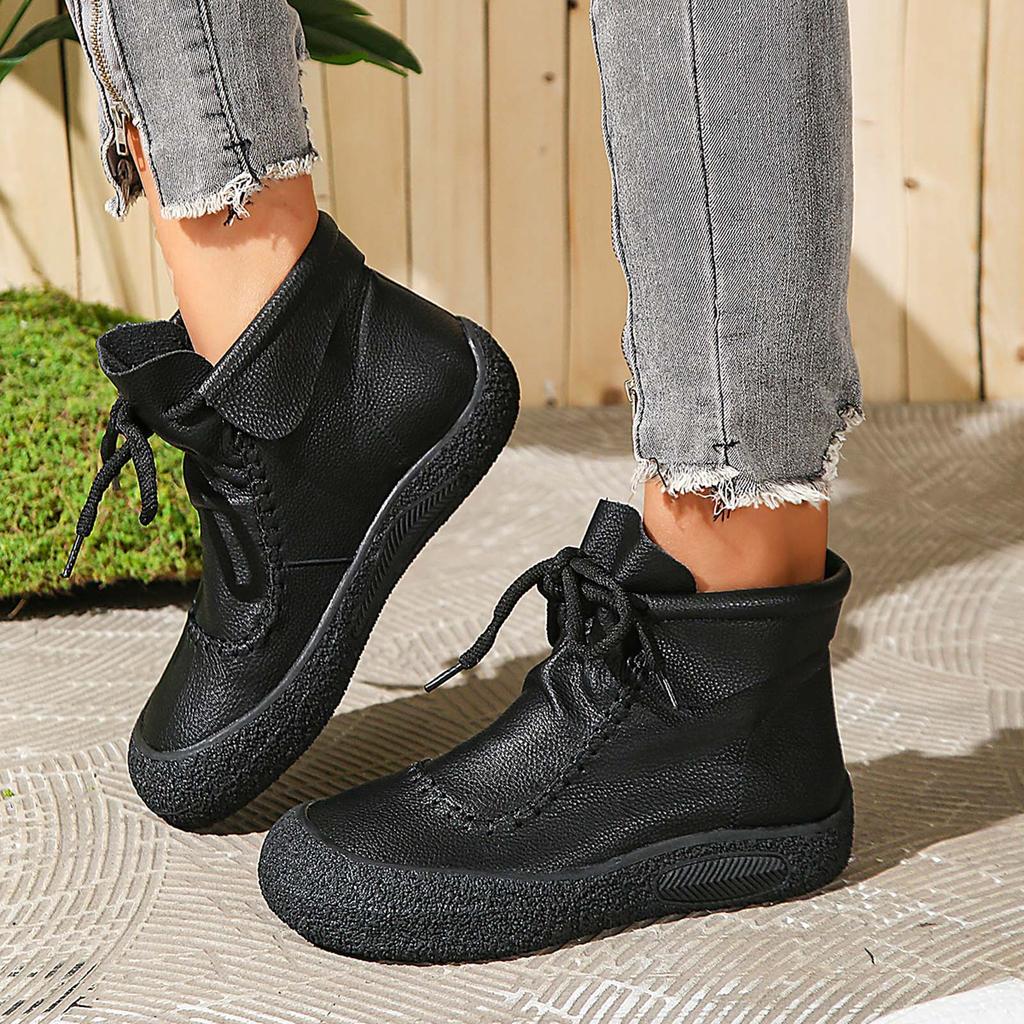 Women's Lace Up Leather Ankle Boots Round Toe Platform Flat Bottom Outdoor Wear Fashionable Casual Ankle Boot Heels for Women