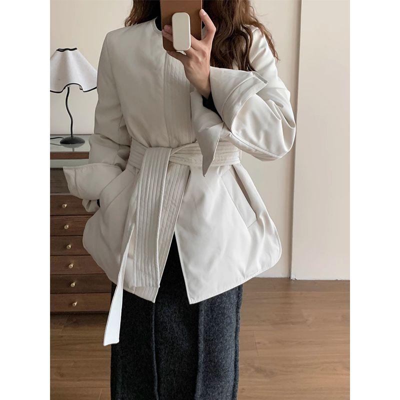 

In Stock! 90 White Duck Down White Down jacket Women Winter Loose Design round Neck Lace-up Lightweight down Coat Outerwear Apricot color XS