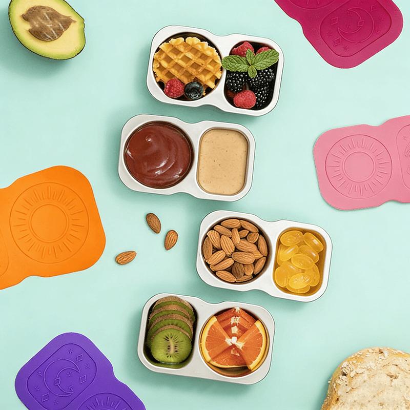 6pcs Snack Container Stainless Steel Double Compartments with Leak Proof Lids Double Dipping Sauce Dish for Sauce Dip Nut Snack