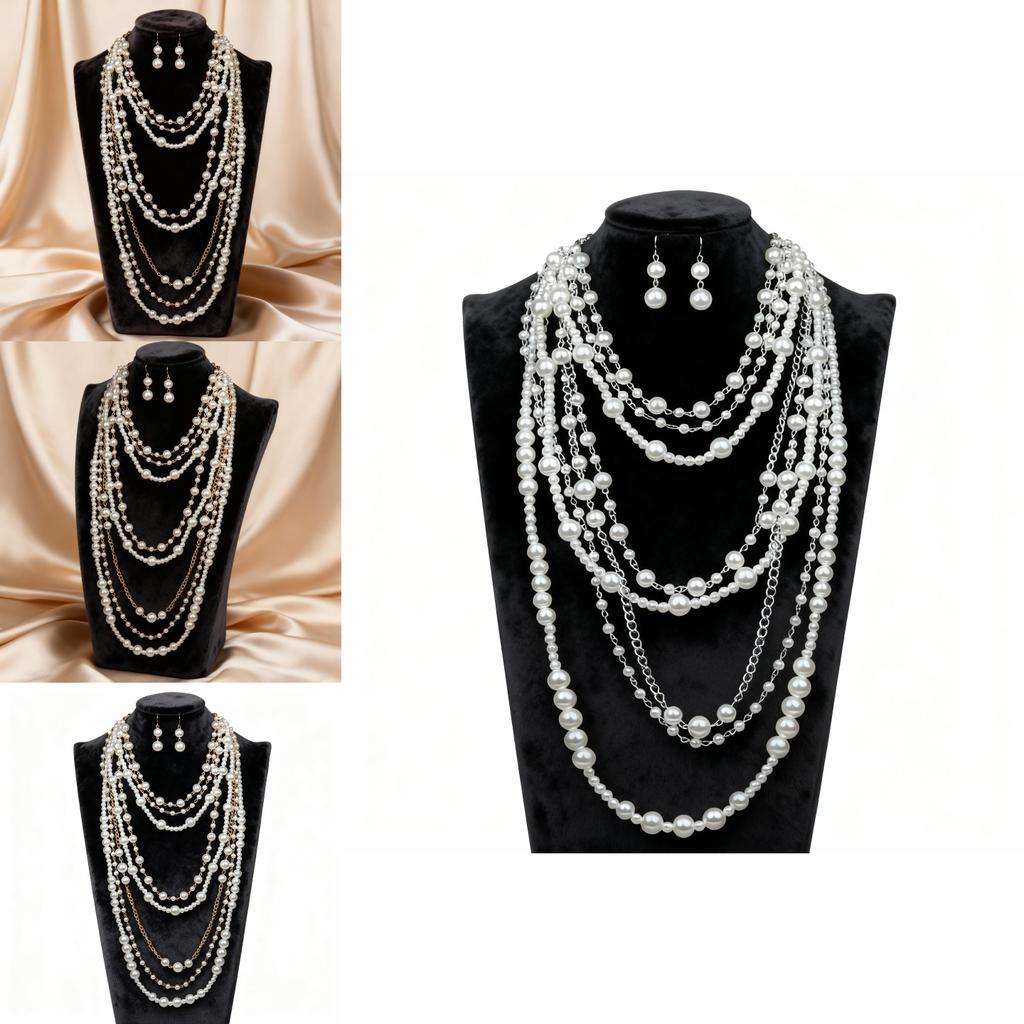 European Style Multilayer Pearl Necklace And Earring Set With Geometric Pendant For Women
