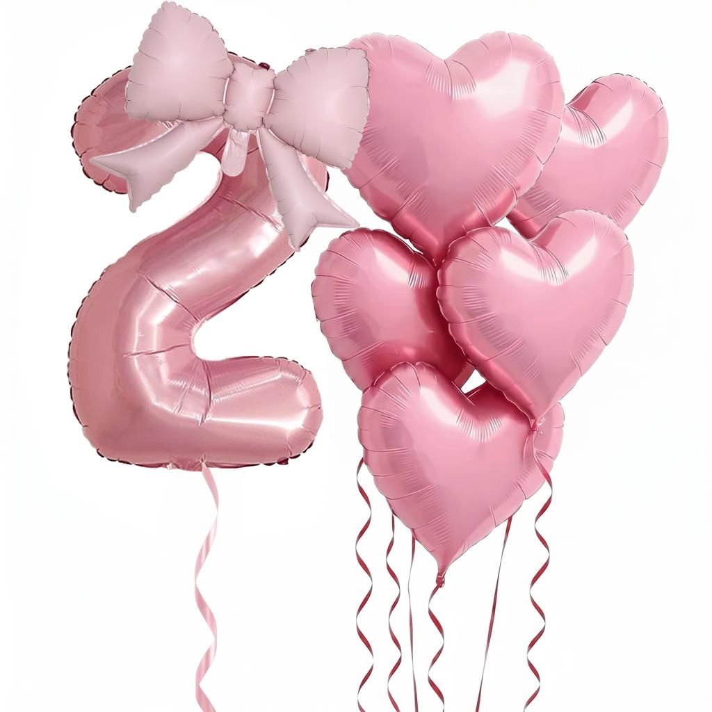 7pcs Pink Foil Number Balloon Set Bows Heart Balloons Numbers 1-9 Baby Shower Decor Girl's Birthday Party Decor Wedding Supplies 5