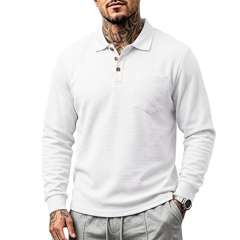 Men S Waffle Knit Long Sleeve Polo Shirt Casual Autumn