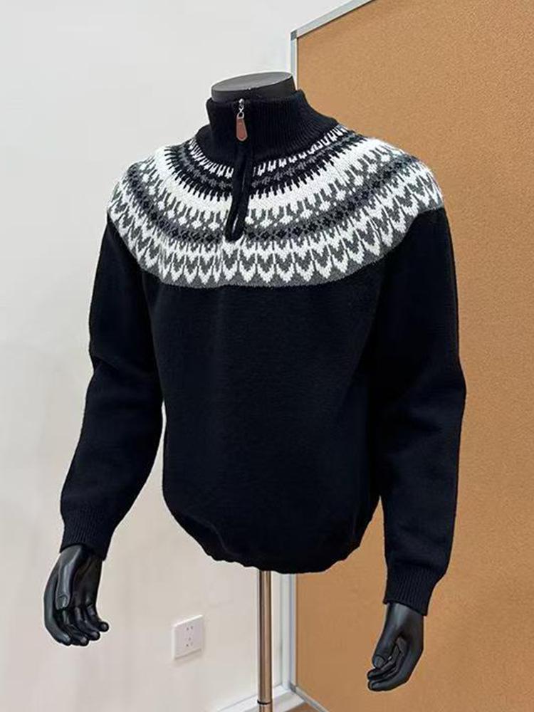 Pánský pletený svetr Fair Isle s jacquardovým vzorem, poloviční zip, podzim/zima, vysoký límec, retro styl, ideální pro páry