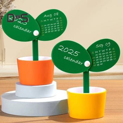 Pen Holder Desk Calendar 2025 Potted Plant Monthly Calendar with Pen Holder Base Tabletop Decoration for Home Office Organizer