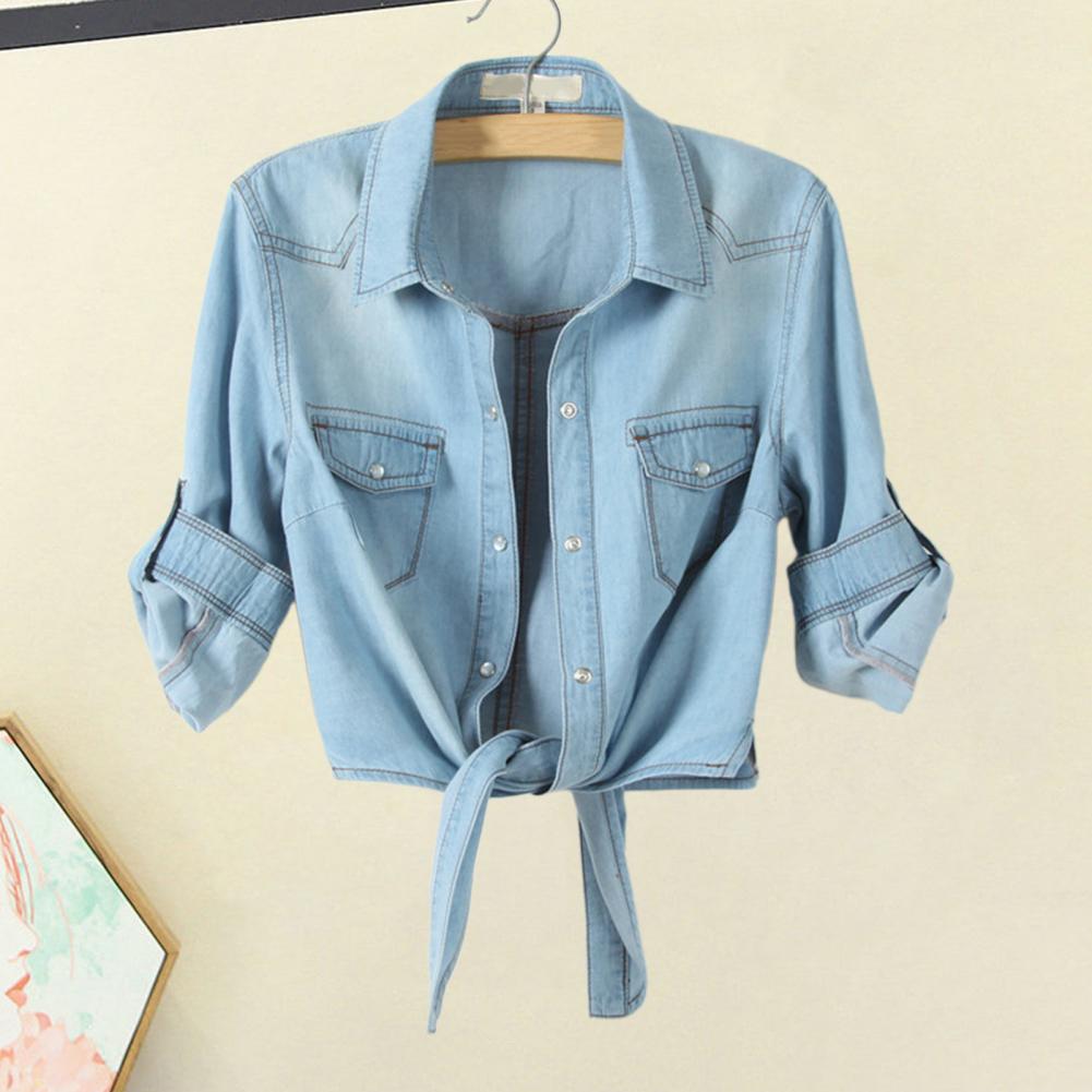 Giacca di jeans con nodo allacciato, lunghezza cropped, tipo corto, monopetto, allacciatura con lacci, camicia di jeans con nodo allacciato, jeans blu, cardigan, giacca da donna