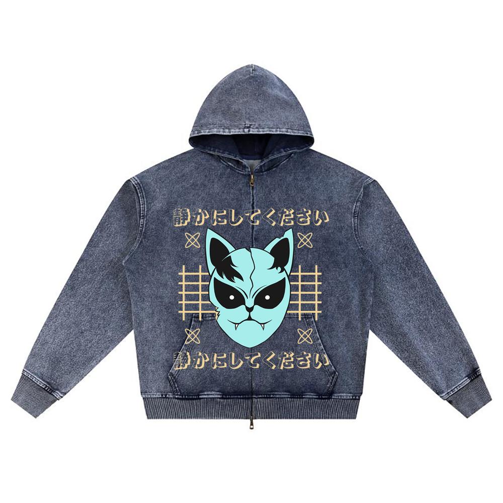 

DTG print Knitted Denim Zip-Up Hoodie anime streetwear 24 Brother Print Zipper Hoodies XL темно-синий