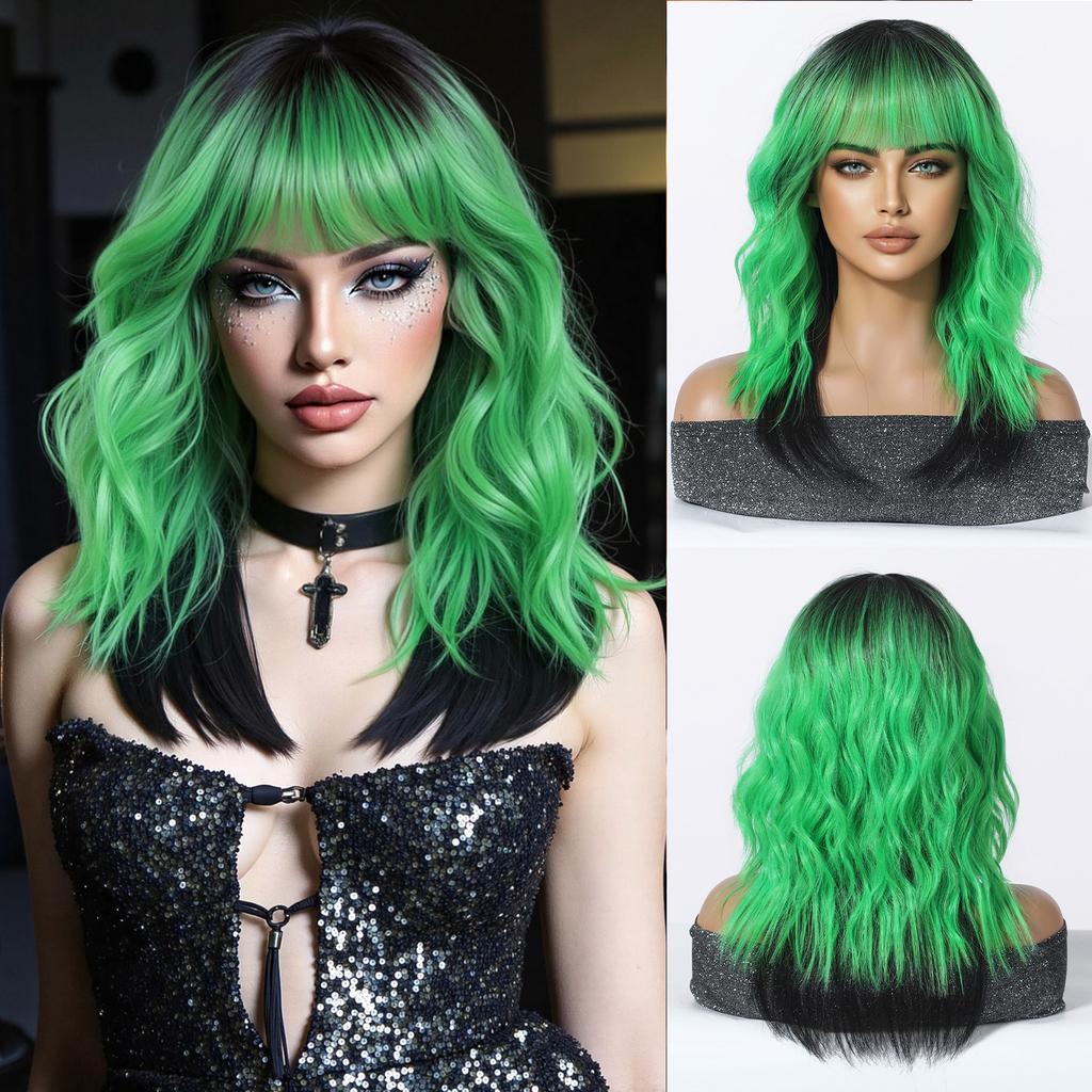 Pink Purple Mixed Blue Curly Wavy Synthetic Wigs with Bangs for Women Colorful Party Cosplay Natural Hair Wig Heat Resistant Use