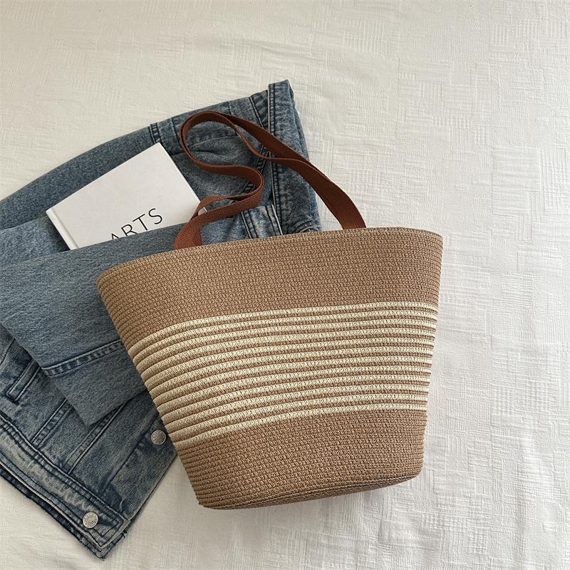 

Internet celebrity straw handbag woven bag vegetable basket bag striped woven handle shoulder bag papyrus tote bag women s bag хаки