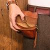 Head Layer Cowhide Key Bag for Men, Made of Aged Vegetable Tanned Leather, Pleated Waist, Hanging Key Buckle, Multifunctional Coin Purse