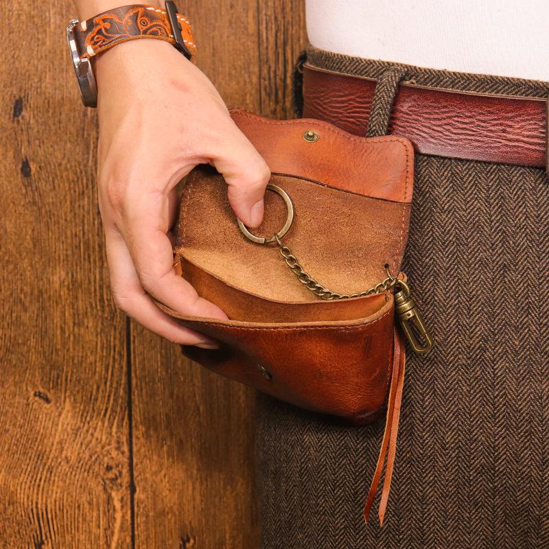 Head Layer Cowhide Key Bag for Men, Made of Aged Vegetable Tanned Leather, Pleated Waist, Hanging Key Buckle, Multifunctional Coin Purse
