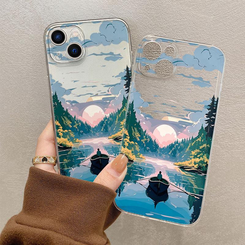 Hot-selling Healing Scenic Mobile Phone Case Mountain Forest Sunset Art Illustration All-inclusive Anti-drop iPhone Protective Case