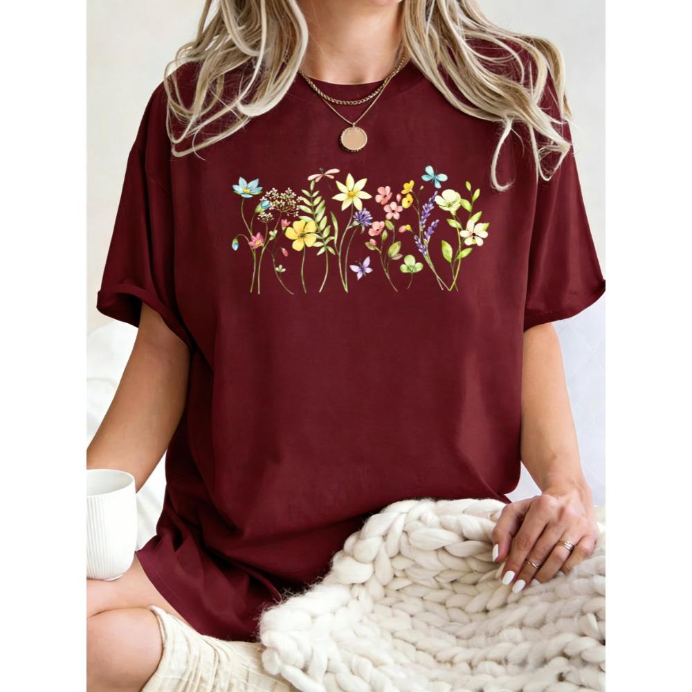 Flowers Attract Dragonflies Design Women T Shirts Hip Hop Crewneck T-Shirt Cotton Summer Clothes Casual Oversize Y2K