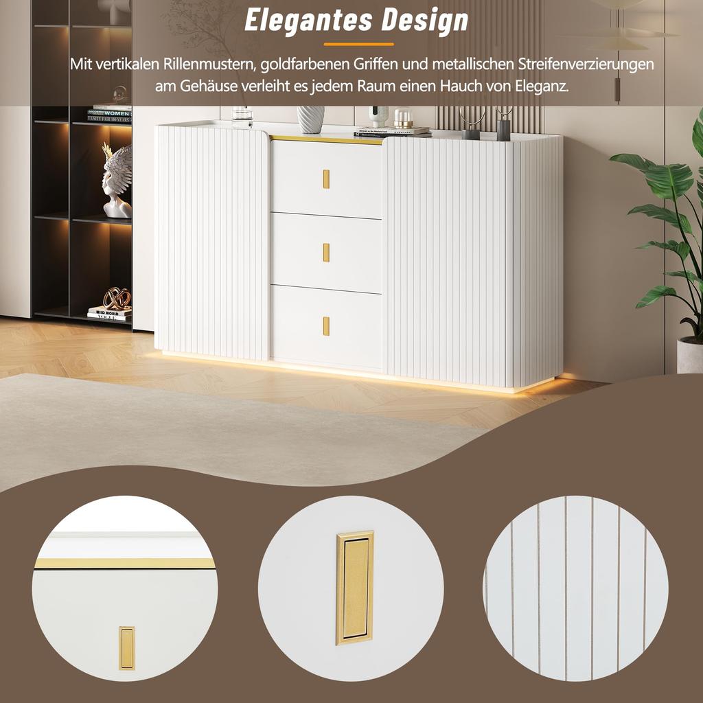 Sideboard LED Lighting, Modern Chest of Drawers 2 Doors & 3 Drawers, Adjustable Shelf, Ample Storage Space, Highboard Living Room, Dining Room, Hallway, White
