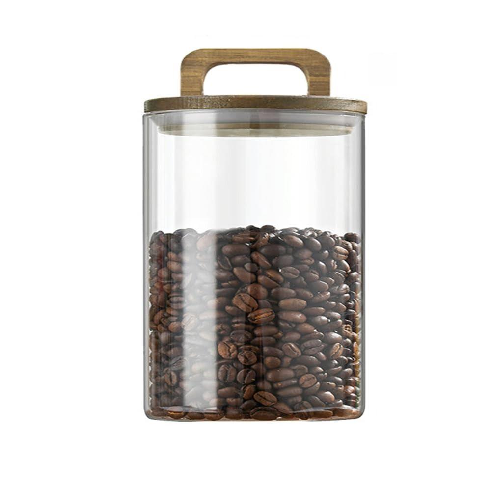 Wood Handle Glass Storage Jar Wood Lid Airtight Container Vacuum Sealed Jar  Coffee Bean Storage