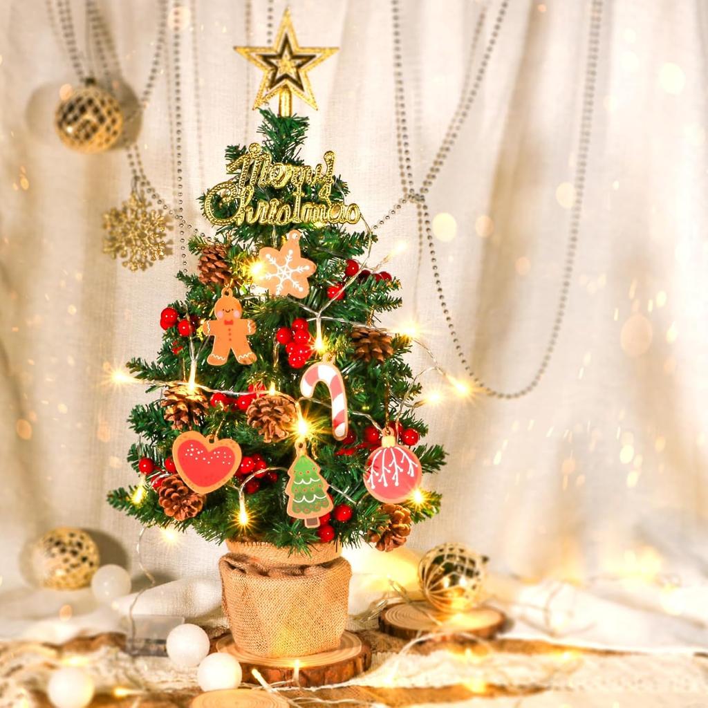 Artificial Mini Christmas Tree, 22Inch Tabletop Christmas Trees 65 Branch Tips Small XmasTrees with Ornaments for Indoor Desktop