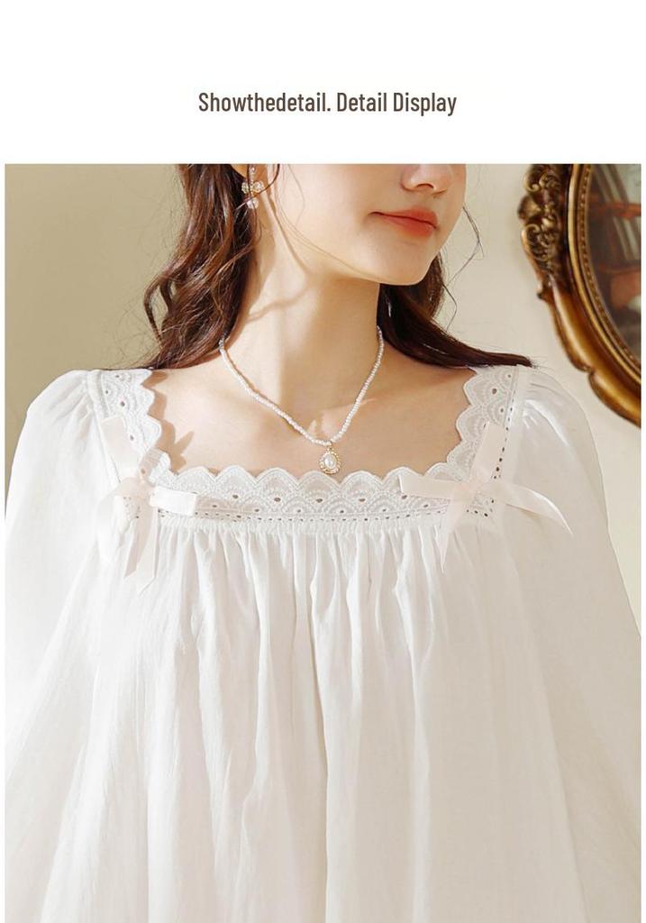 White Retro Princess Style Long-Sleeve Nightgown - Sweet, Loose, and Lightweight for Spring and Autumn