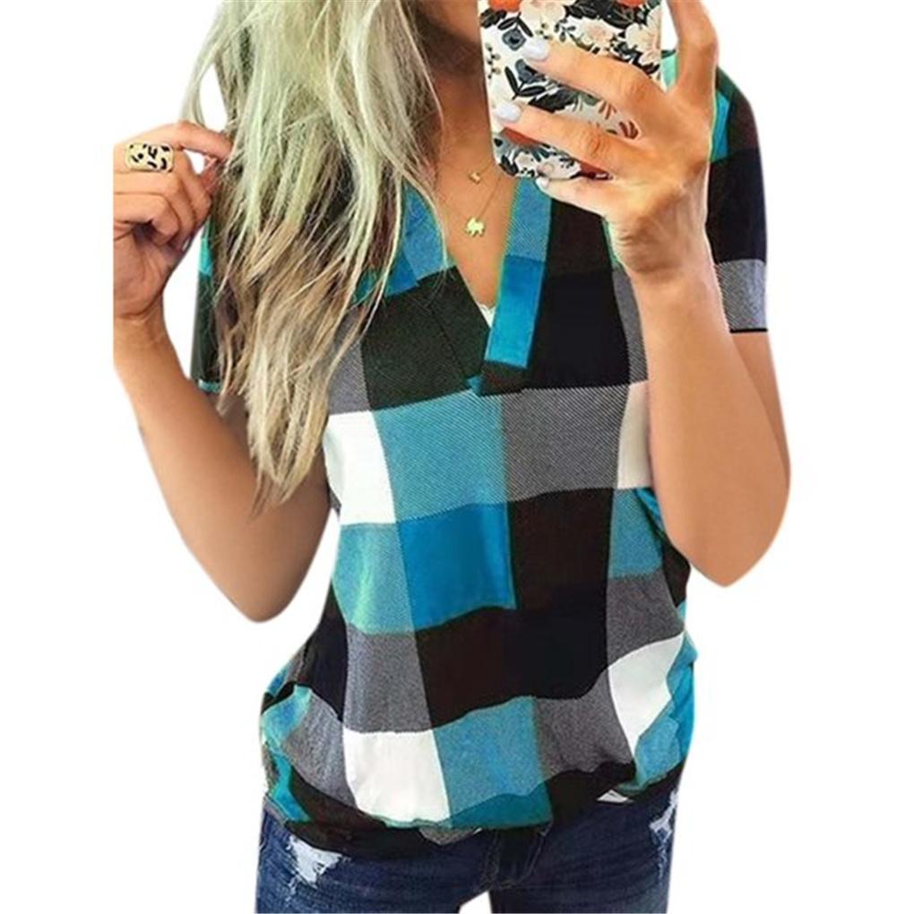Women T Shirt V Neck Short Sleeve Top Plaid Print Casual Blouse