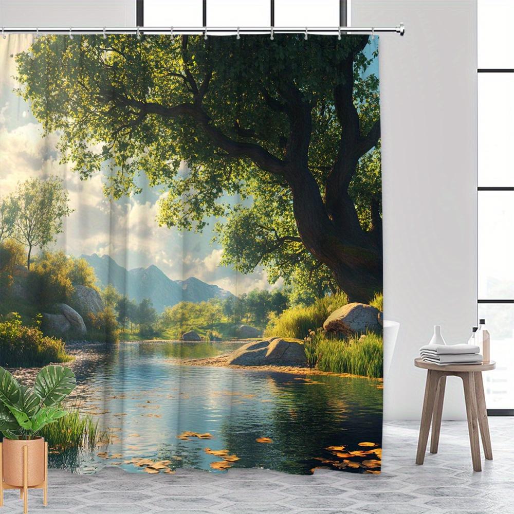 Waterproof Shower Curtain with a Majestic Tree and Serene Lake Design for a Nature Inspired Bathroom Decor Experience