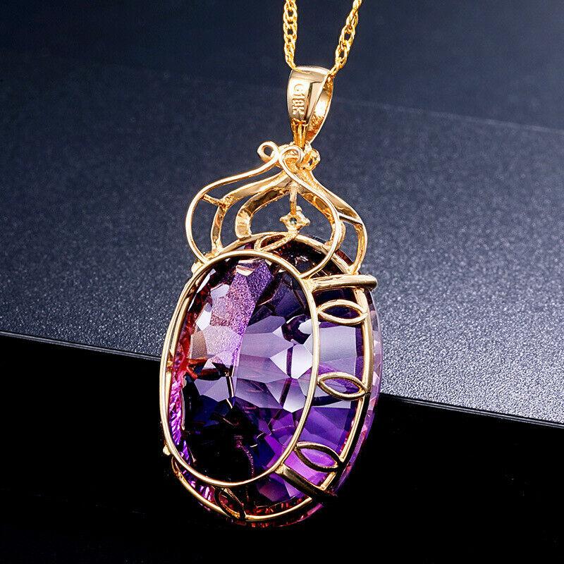 Edelstein-Charm, 18 Karat vergoldet, 36 Karat, Amethyst-Farbe, ovaler Kristall-Anhänger, Halskette, Damen-Hochzeitsschmuck