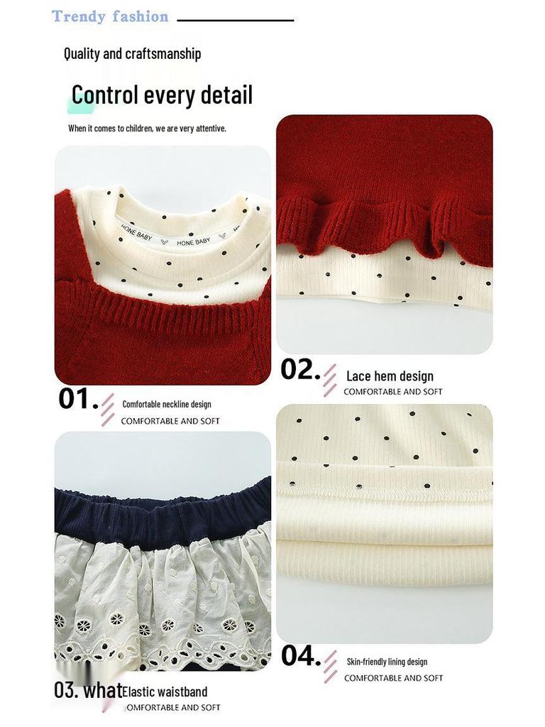 Girls' Fashionable Three-Piece Set: Knitted Vest, Polka Dot Shirt & Wide-Leg Pants for Spring/Autumn