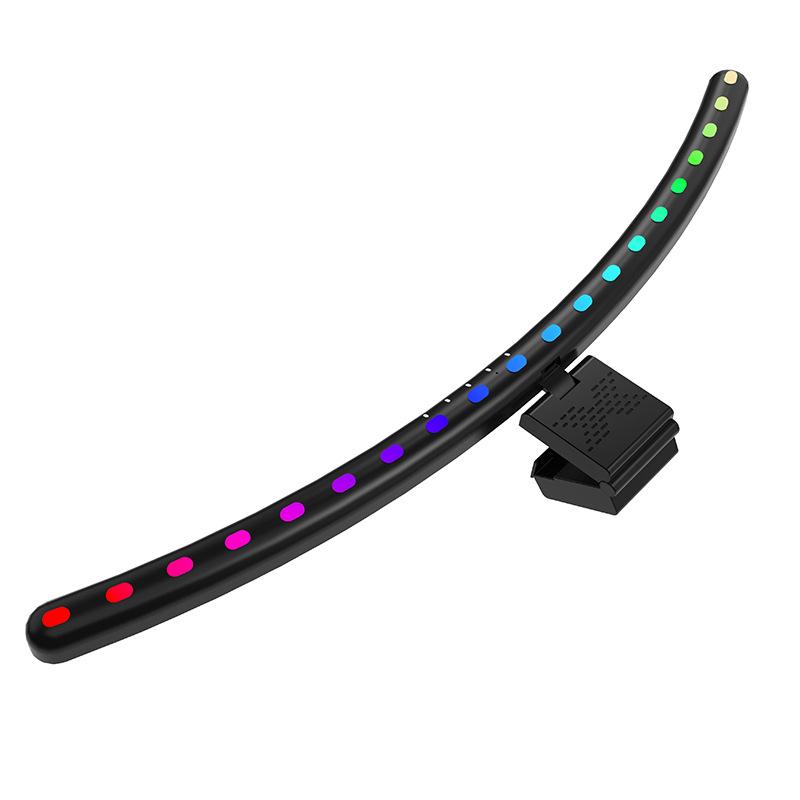 Curved Screen Hanging Lamp with Seven-Color LED, Sound-Reactive Rhythm, and Eye Protection Features.