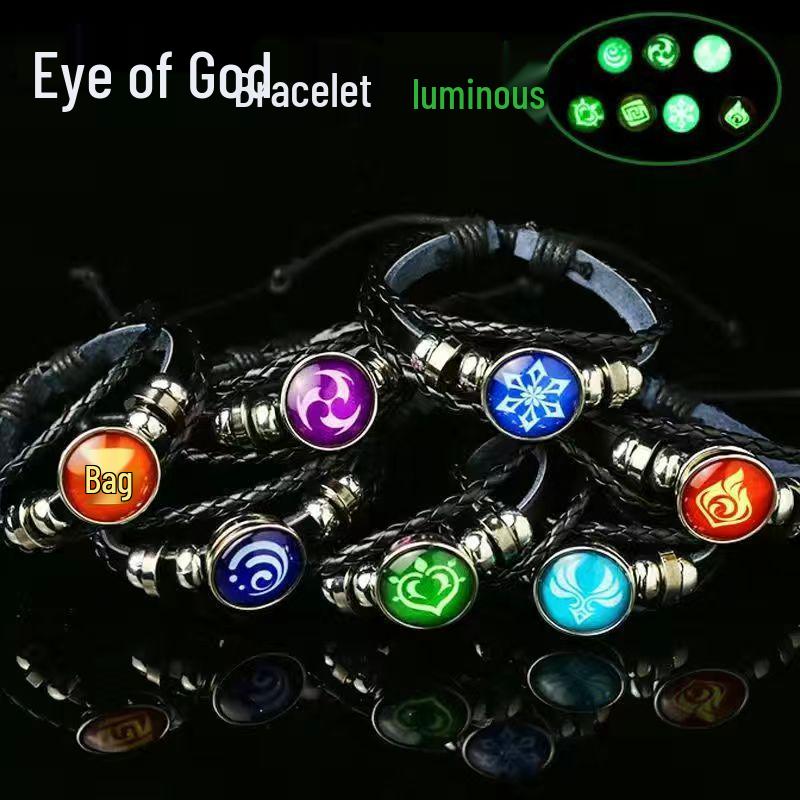 Genshin Impact Luminous God's Eye Black Leather Bracelet for Men and Women