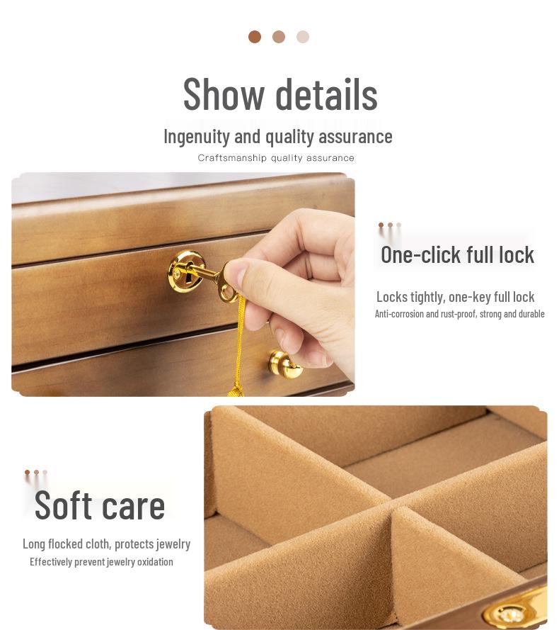 Mid-Century Solid Wood Jewelry Box with Lock: Multi-Layer Storage and Velvet Interior