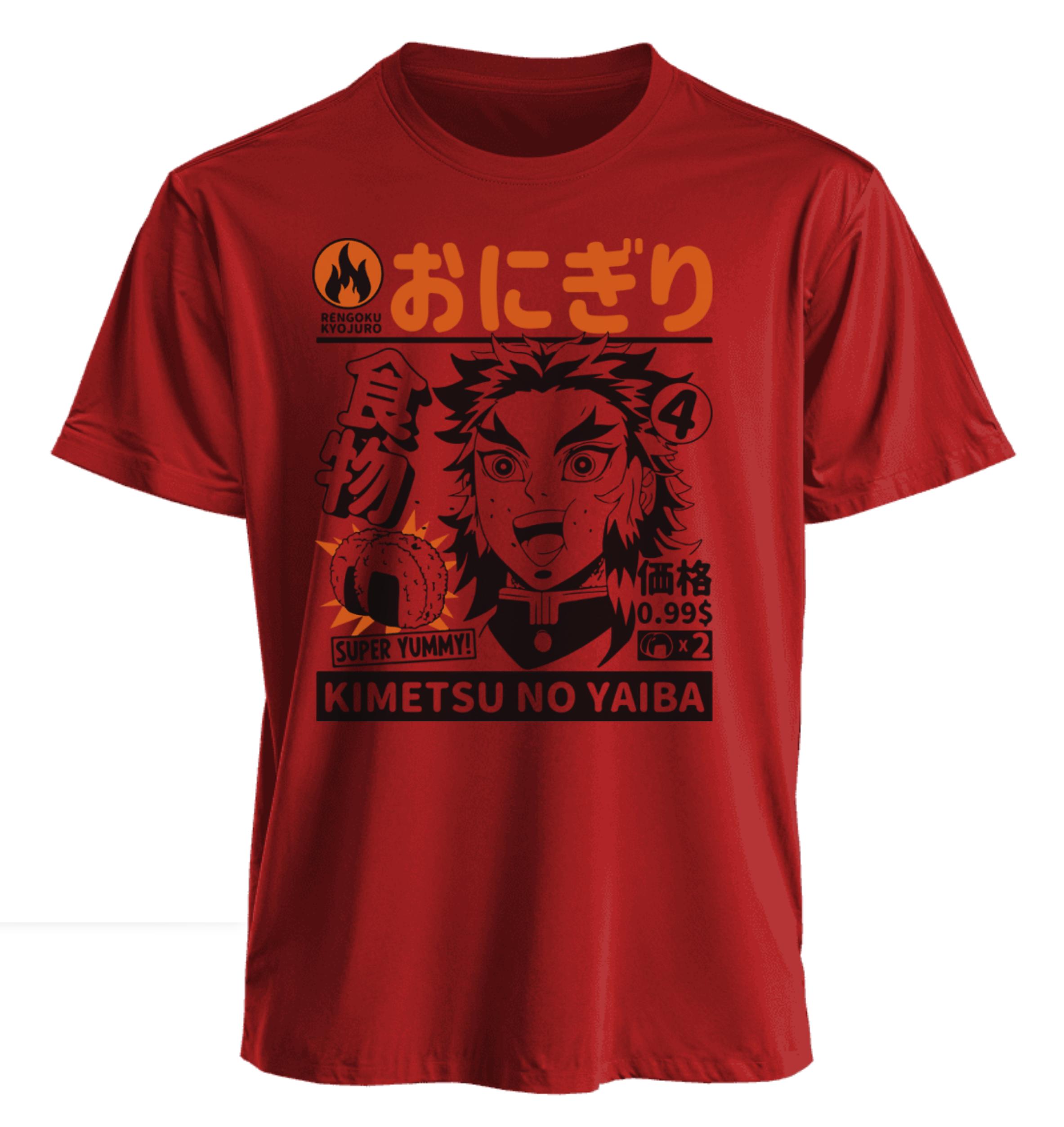 

Short Sleeve T Shirt Rengoku Parody Design with Onigiri Text and Food Theme Cartoon Print Cotton Anime Top for Demon Slayer S
