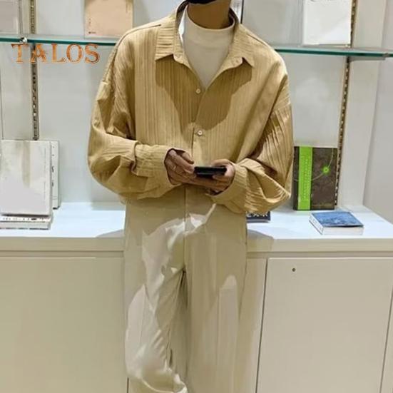 Herren Hemd Locker Einfarbig Umlegekragen Strickjacke Einreihig Herbst Frühling Top Mittellanges Streetwear Hemd