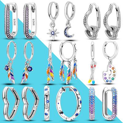 Women Hoop Earrings 925 Silver Sparkling Pave Cz U Shape Star Moon Feather Luxury Fine Engagement Wedding Earring